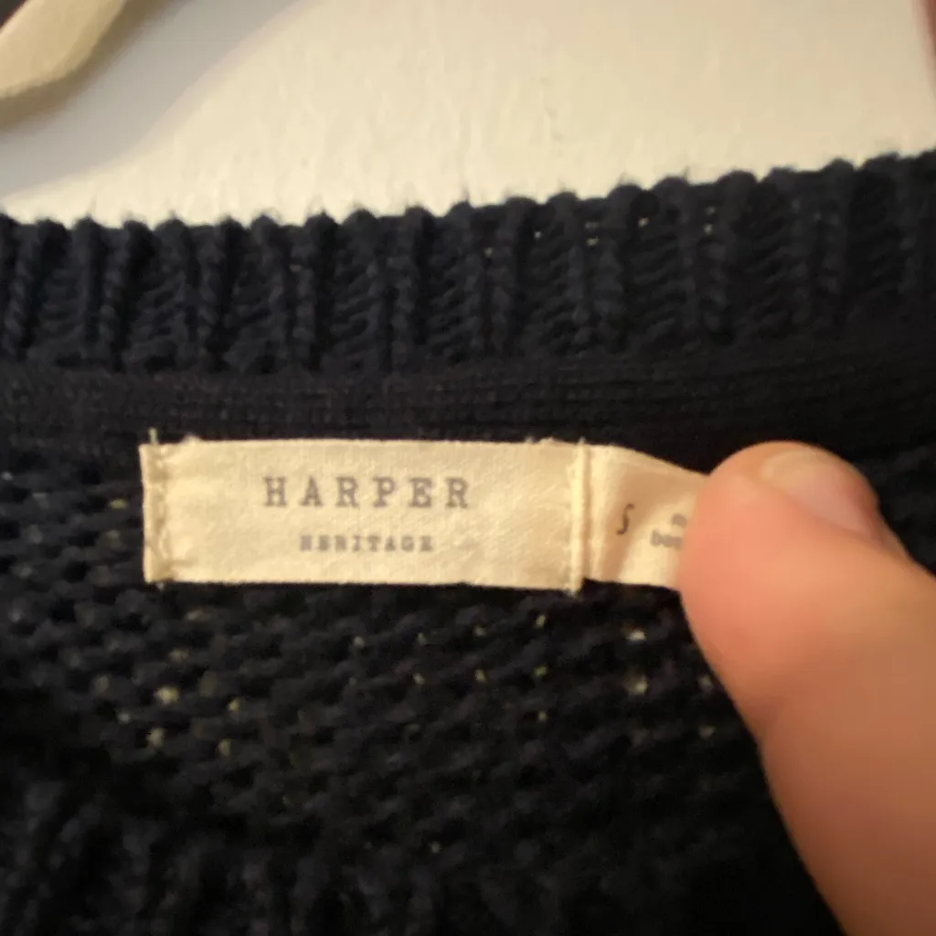 Harper Heritage Sweater Womens Size Small‎ Navy Blue Open Knit Elbow Patch - Image 3