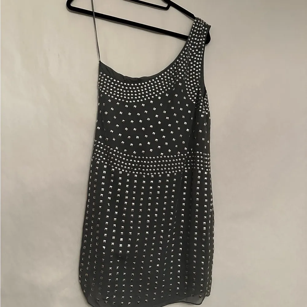 Susana Monaco One Shoulder Mini Dress Black Silver Studs Modern Glam (SEE NOTES) - Image 9