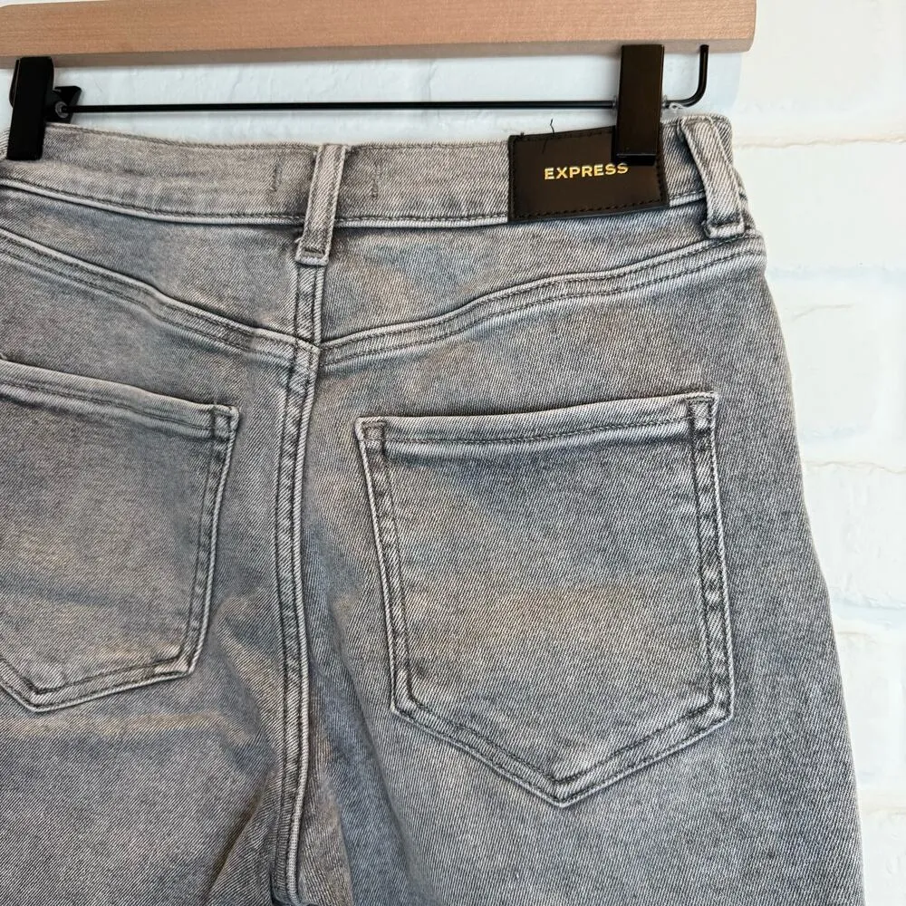 Express Denim Bermuda Shorts Gray Rolled Cuff Raw Hem High Rise Stretch Jean 2R - Image 12