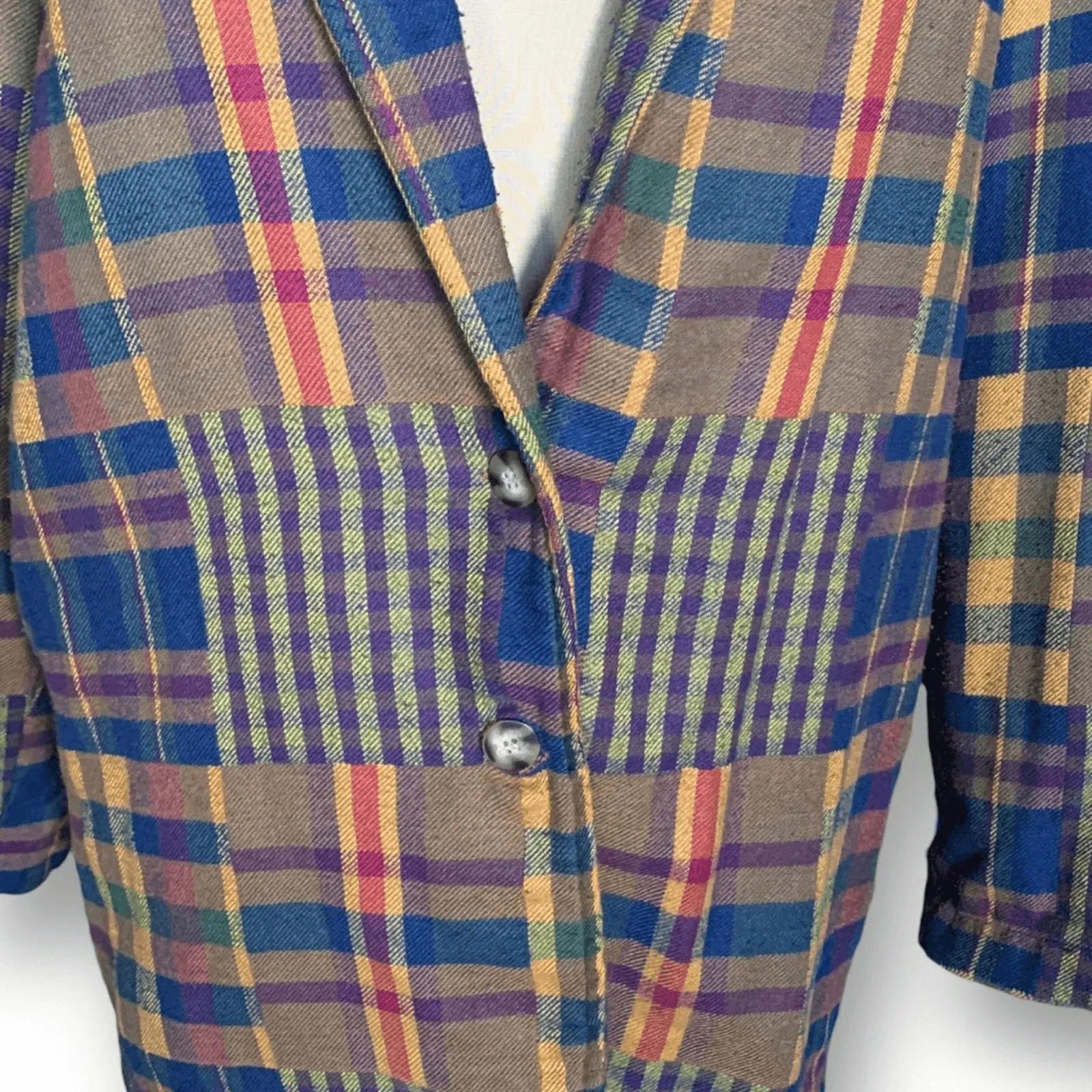 Vintage 90s Blazer Jacket Oversized Boxy Colorful Plaid Flannel Patchwork Preppy Yellow Size L - Image 4