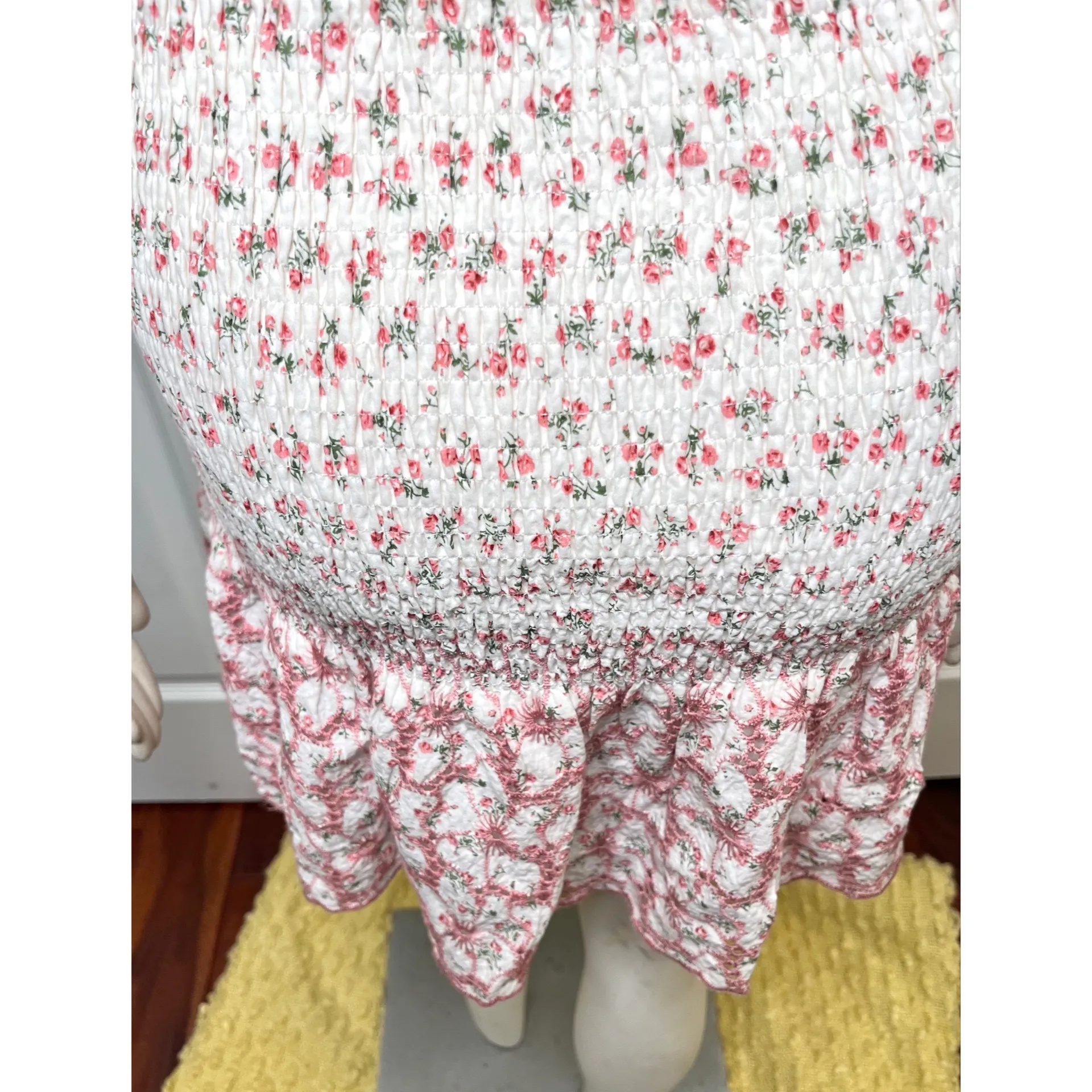 The Impeccable Pig Hello Darling White Floral Smocked Mini Dress w/ Eyelet Hem - Image 8