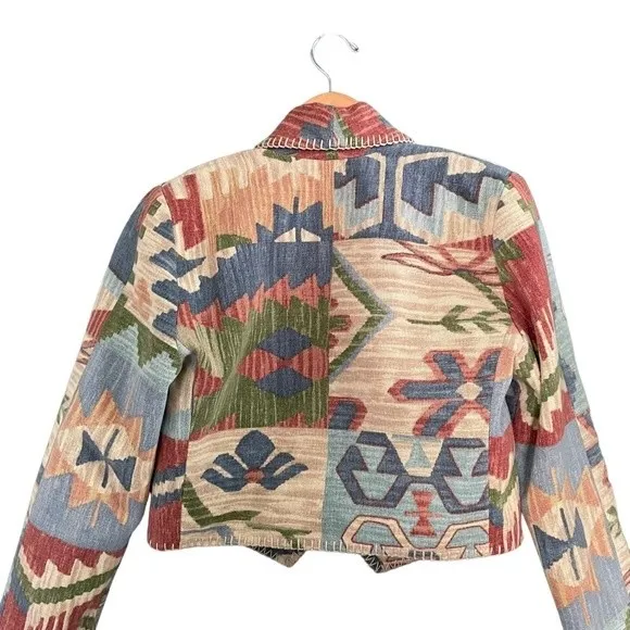 Rhonda Stark Jacket Blazer Southwest Tapestry Cropped Boho Tan Blue Size Medium Brown - Image 14