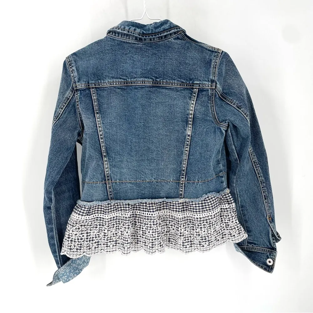 Anthropologie  NEW Pilcro Eyelet Button Front Gingham Ruffle Denim Jacket - Image 8