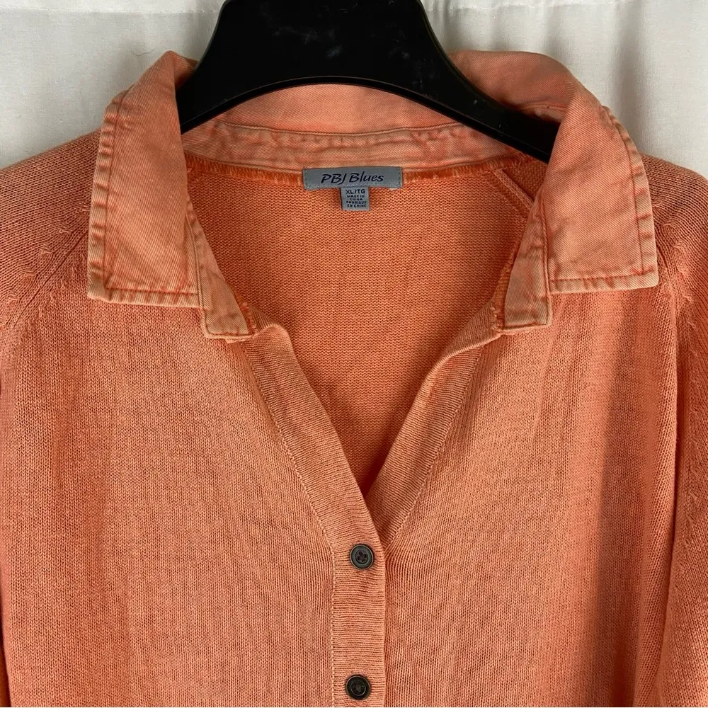 NEW PBJ Blues Orange Acid Wash Denim Collar Button Front Tunic Sweater Size XL - Image 3
