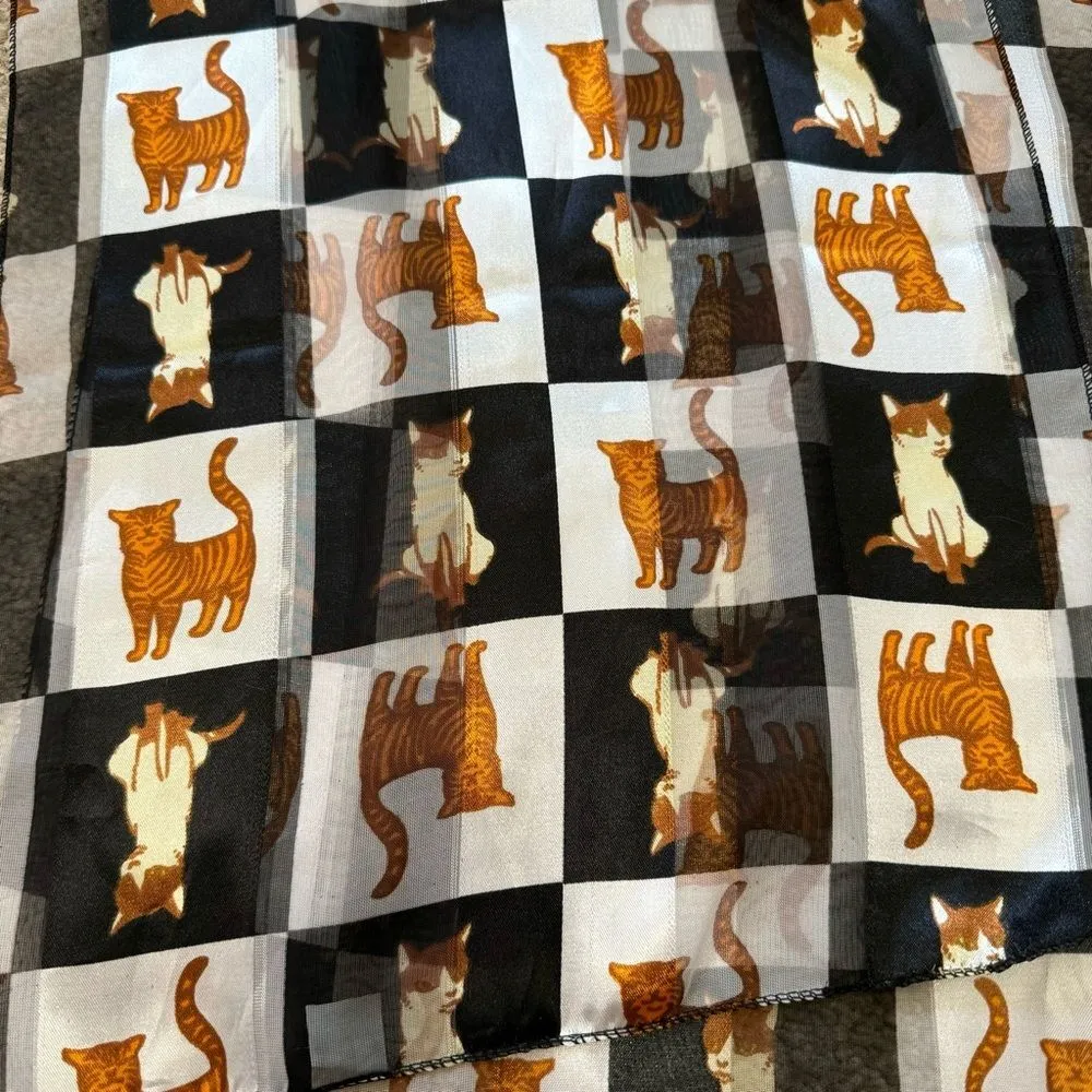Black and white checkered orange cat print silky scarf - Image 2