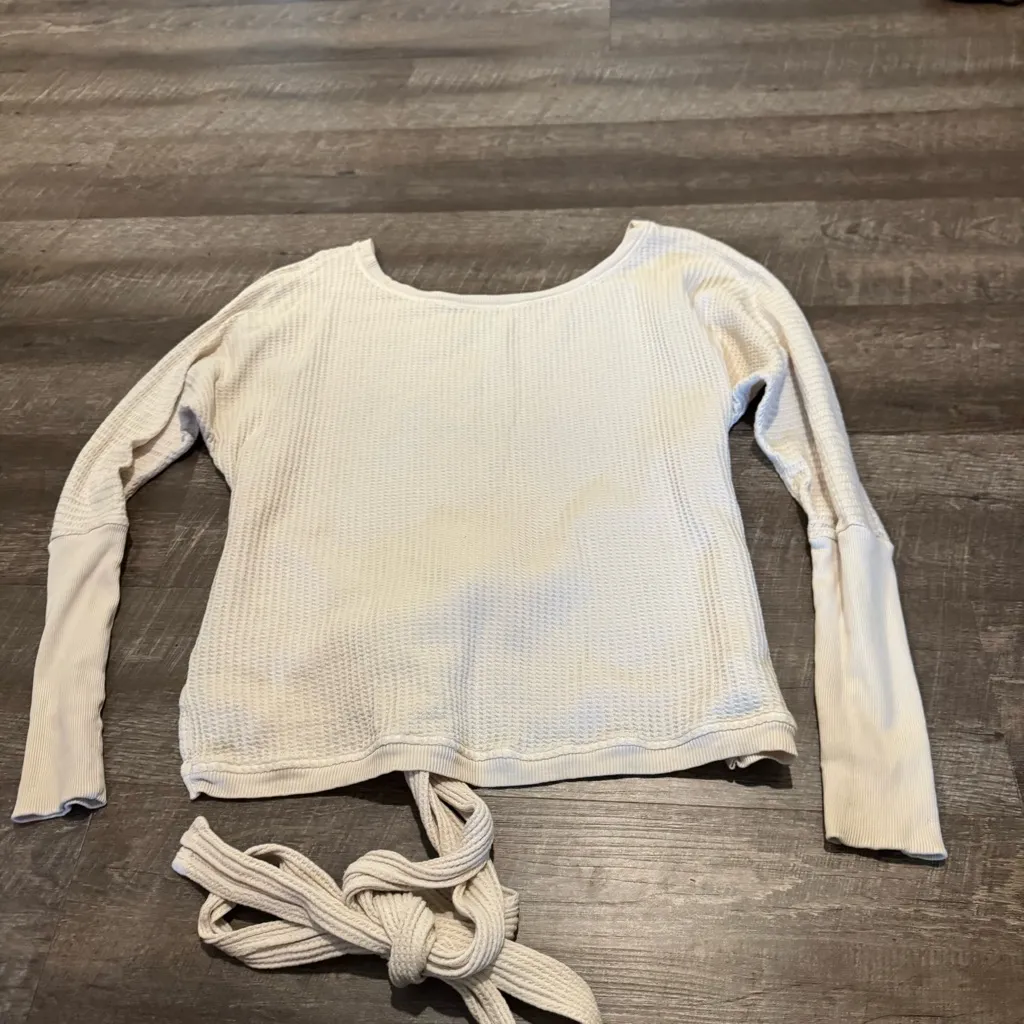 Free People One Cream Thermal Waffle Knit Wrap Long Sleeve Top Tan Size M - Image 4