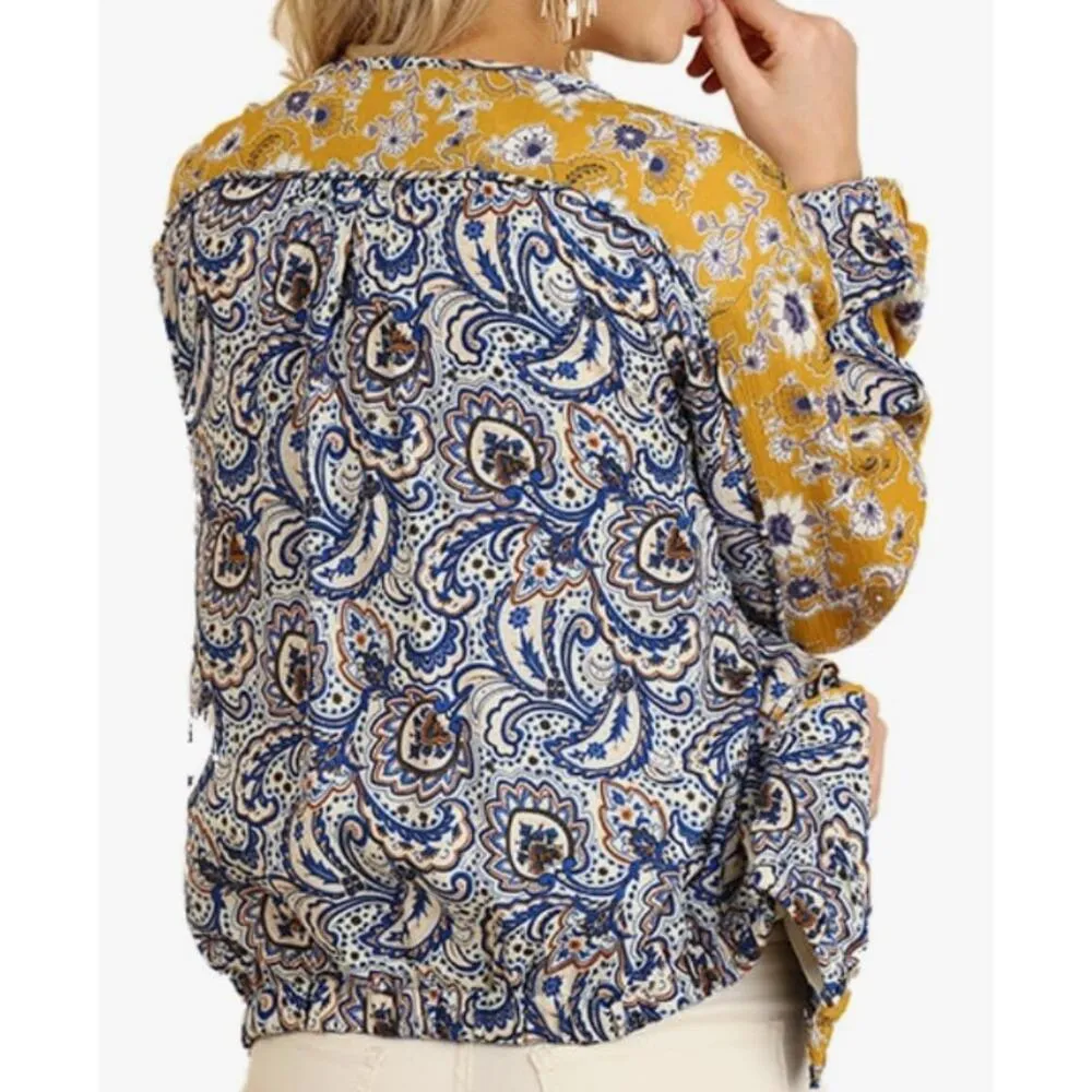 Umgee USA Womens Floral Print Bomber Zipper Jacket Blue Yellow Mix - Image 8