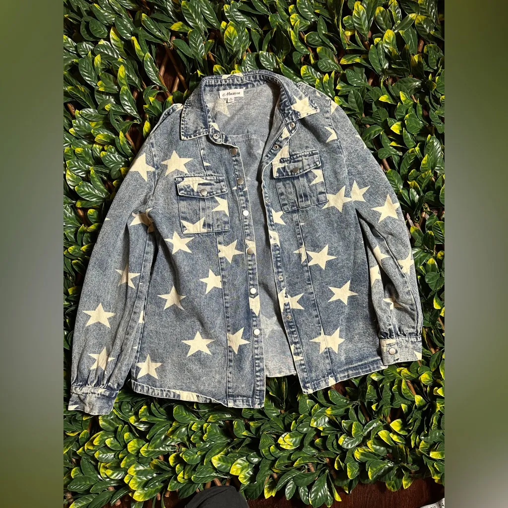 Macaron 100% Cotton Oversized Button Up Denim Jacket Sz Small Blue - Image 2