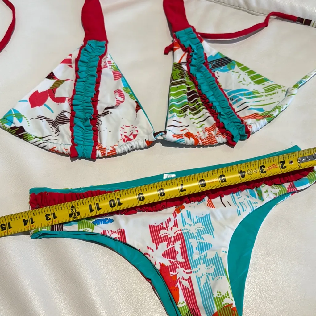 Women small Colorful Bikini Set with Ruffle Details hand made tropical ruffles Red - Image 5