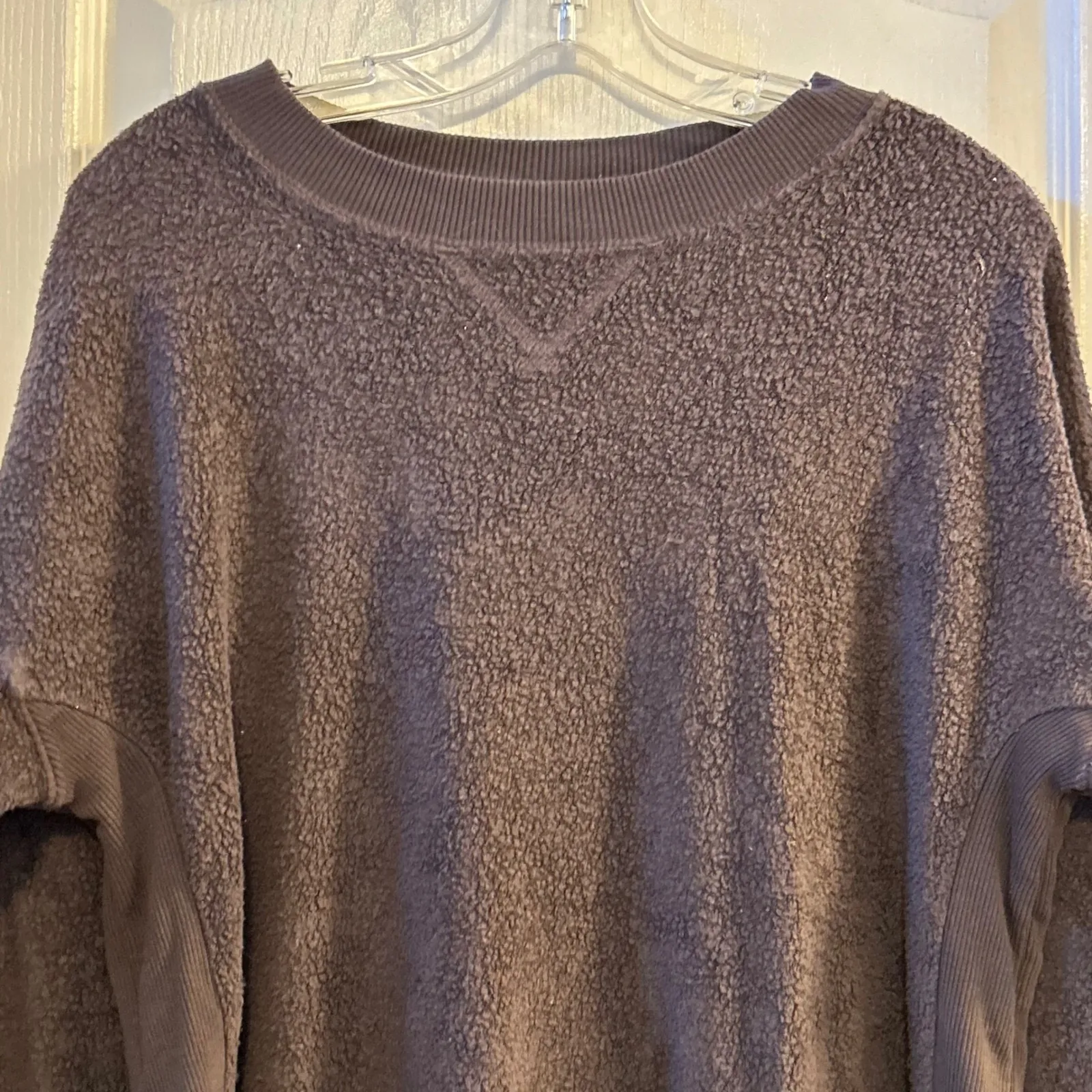 Aerie Oversized Sherpa Fleece Pullover Sweatshirt Women's Small Brown - Image 7