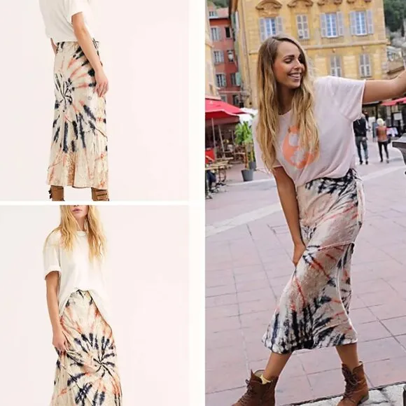 Free People Bali Serious Swagger Tie-Dye Skirt Small M Blue Velvet Midi Skirt - Image 2