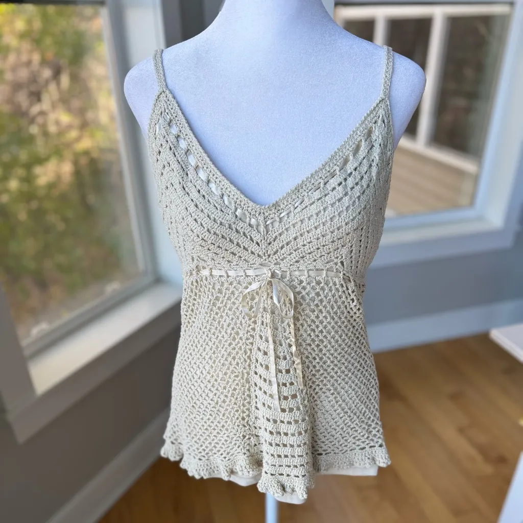 Vintage Faded Glory Ivory Cream Crochet Babydoll Cami Tank Top Sz Large Tan - Image 10
