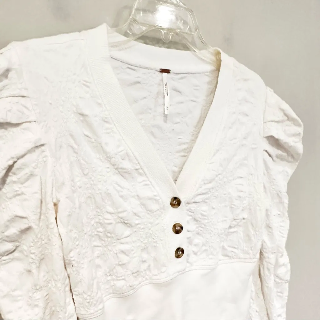 Free People Gemma Puffed Sleeve‎ Cropped Henley Blouse Women's Small Ivory Boho - Image 4