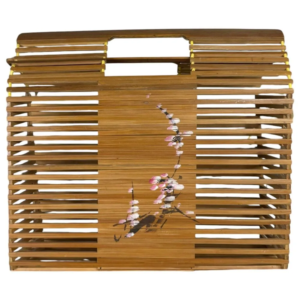 Vintage Bamboo Folding Packable Hand painted Cherry Blossom Floral Flower Purse Brown - Image 7