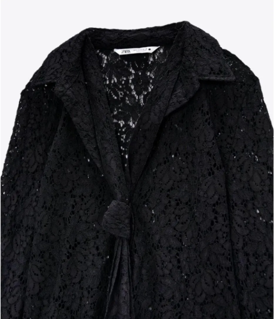 Black Tied Lace Blouse Button Down Top Shirt - Image 4