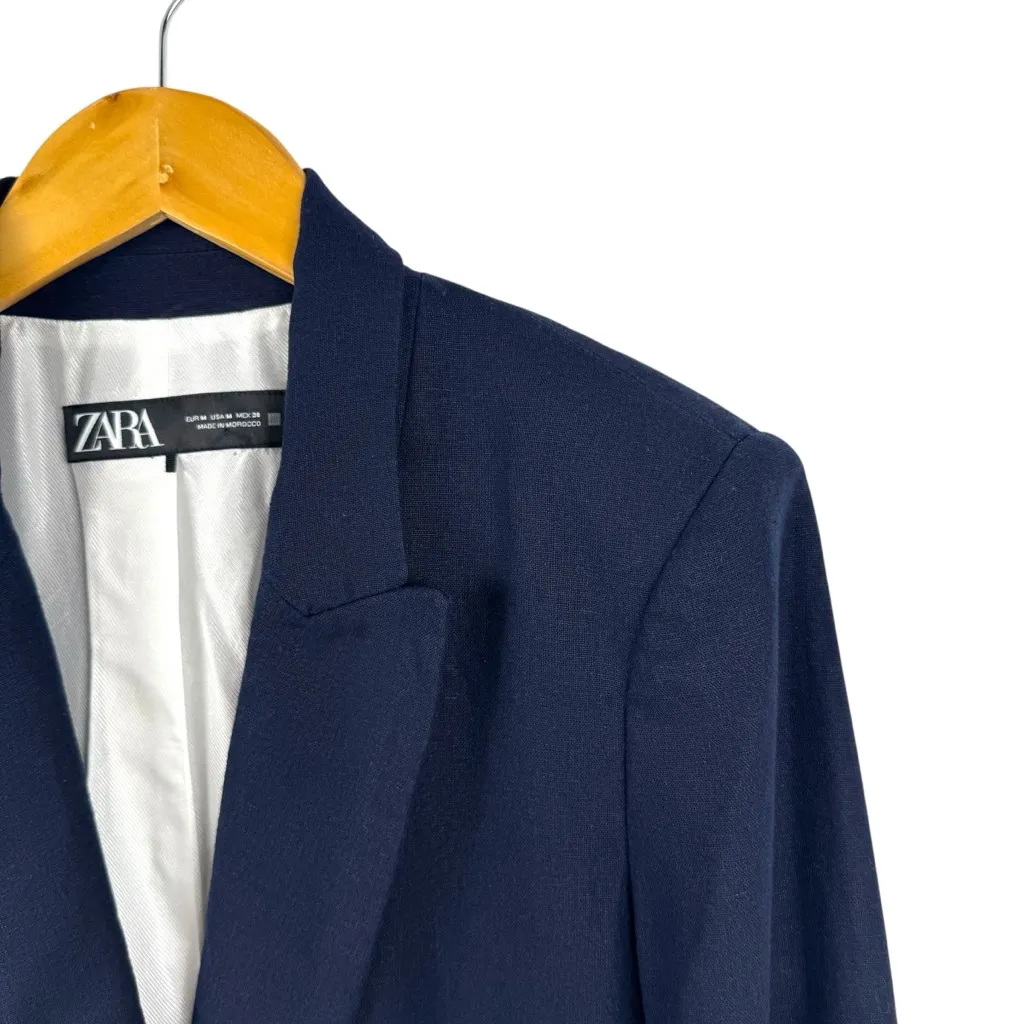 Zara Navy Blue Linen Blend Open Front Blazer Jacket Size Medium Striped Lining - Image 8