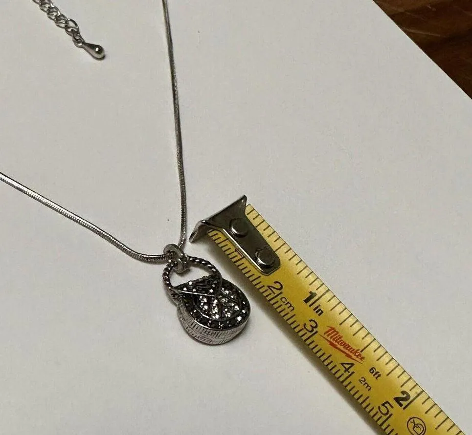 Signed  Rhinestone Mini Purse Silver Tone Necklace Adjustable Length - Image 11