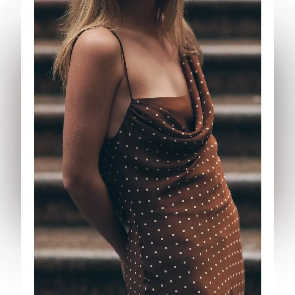 Zara NWT brown polka dot asymmetrical cowl draped detail midi maxi dress - Image 2
