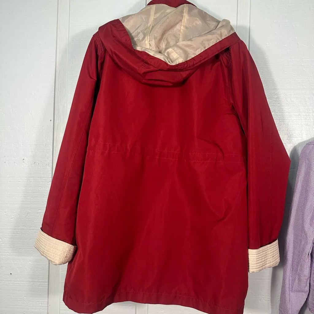 Kim Rogers Red and Tan Hooded Lightweight Rain Jacket Size Large EUC - Image 7