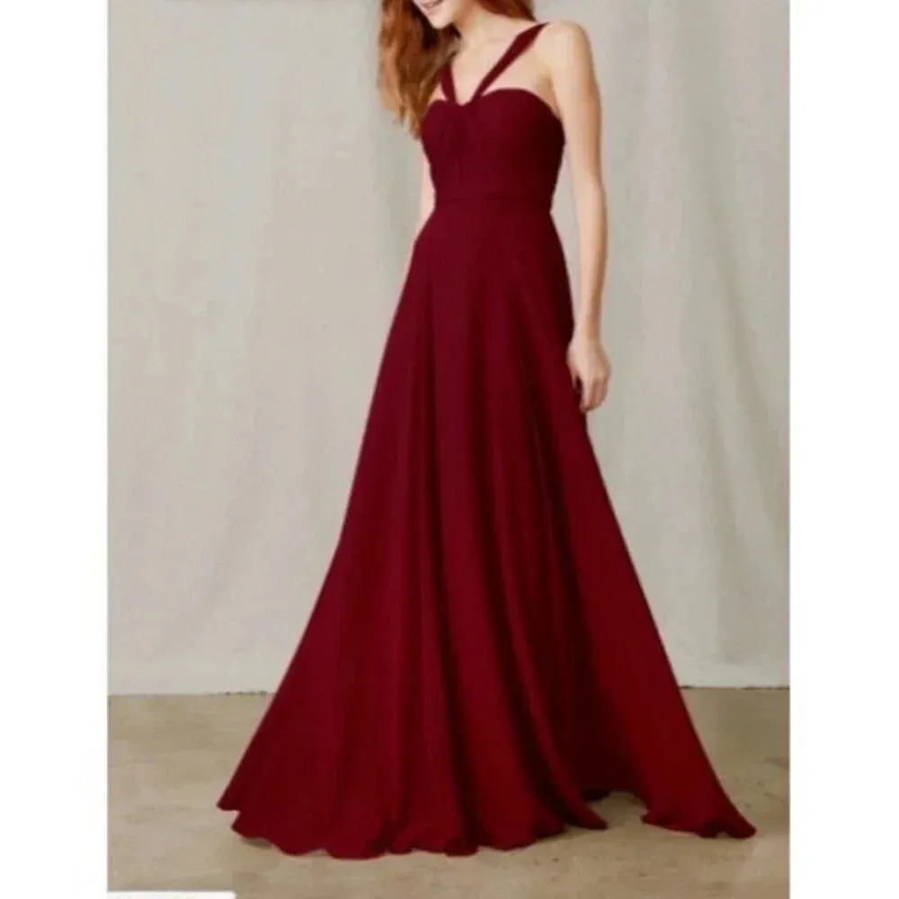 Amsale Sz 0 Cerisa Ruby Bridesmaid Gown Full‎ Chiffon Skirt Ruched Bodice GB033F - Image 2