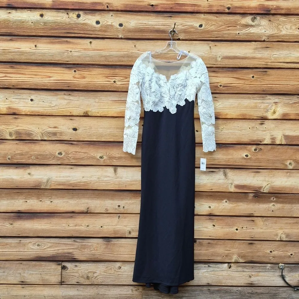 Tadashi Shoji Floral Lace Bodice Mixed Media Long Sleeve Gown - Image 5