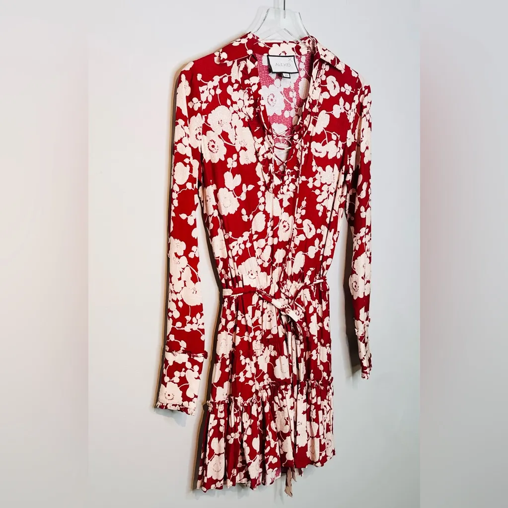 Alexis Jillian Maroon Poppy Red White Floral Long Sleeve Mini Dress Size XS - Image 5