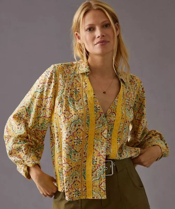 Pilcro Anthropologie Yellow Boho Button Down Peasant Blouse Fairy Women's Medium - Image 1