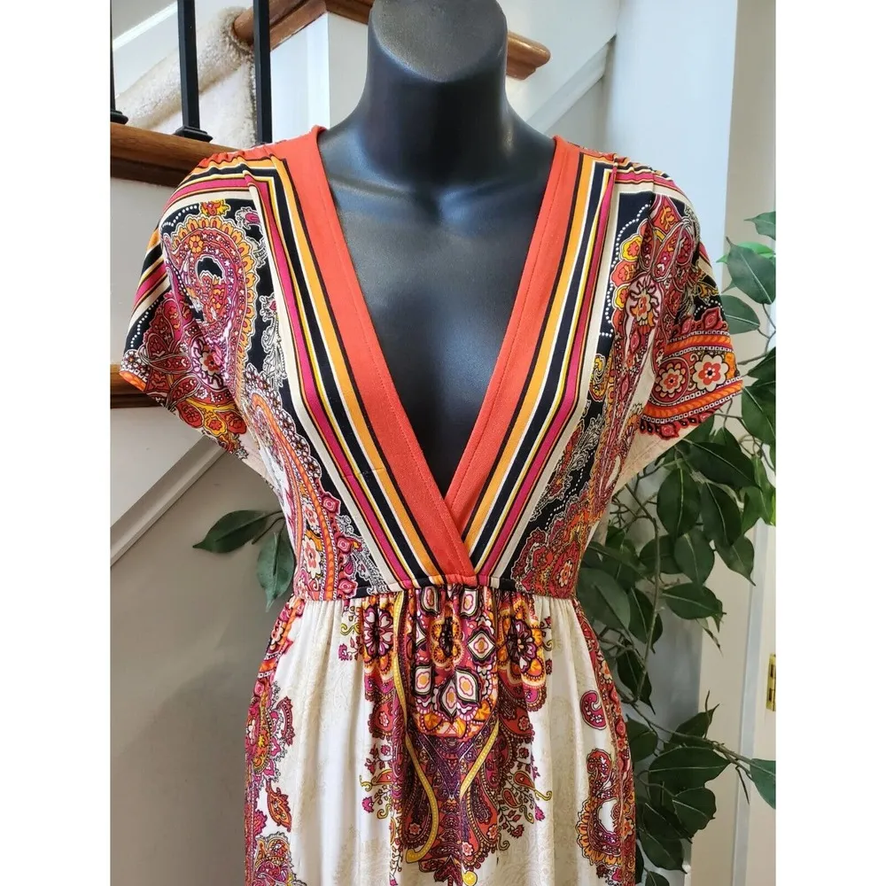 Bailey Blue Women Multicolor Polyester V-Neck Short Sleeve Long Maxi Dress Small - Image 2