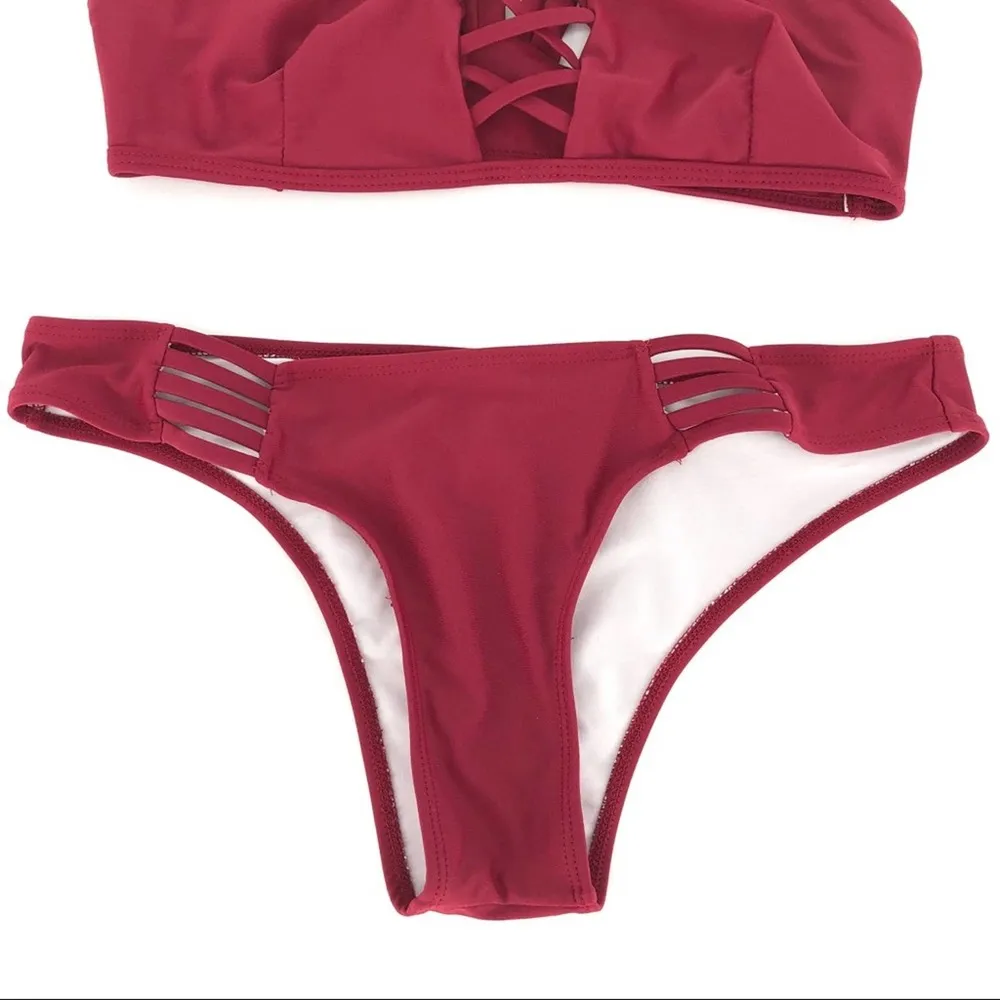 Strappy Criss Cross Bikini Set Maroon Size S - Image 5