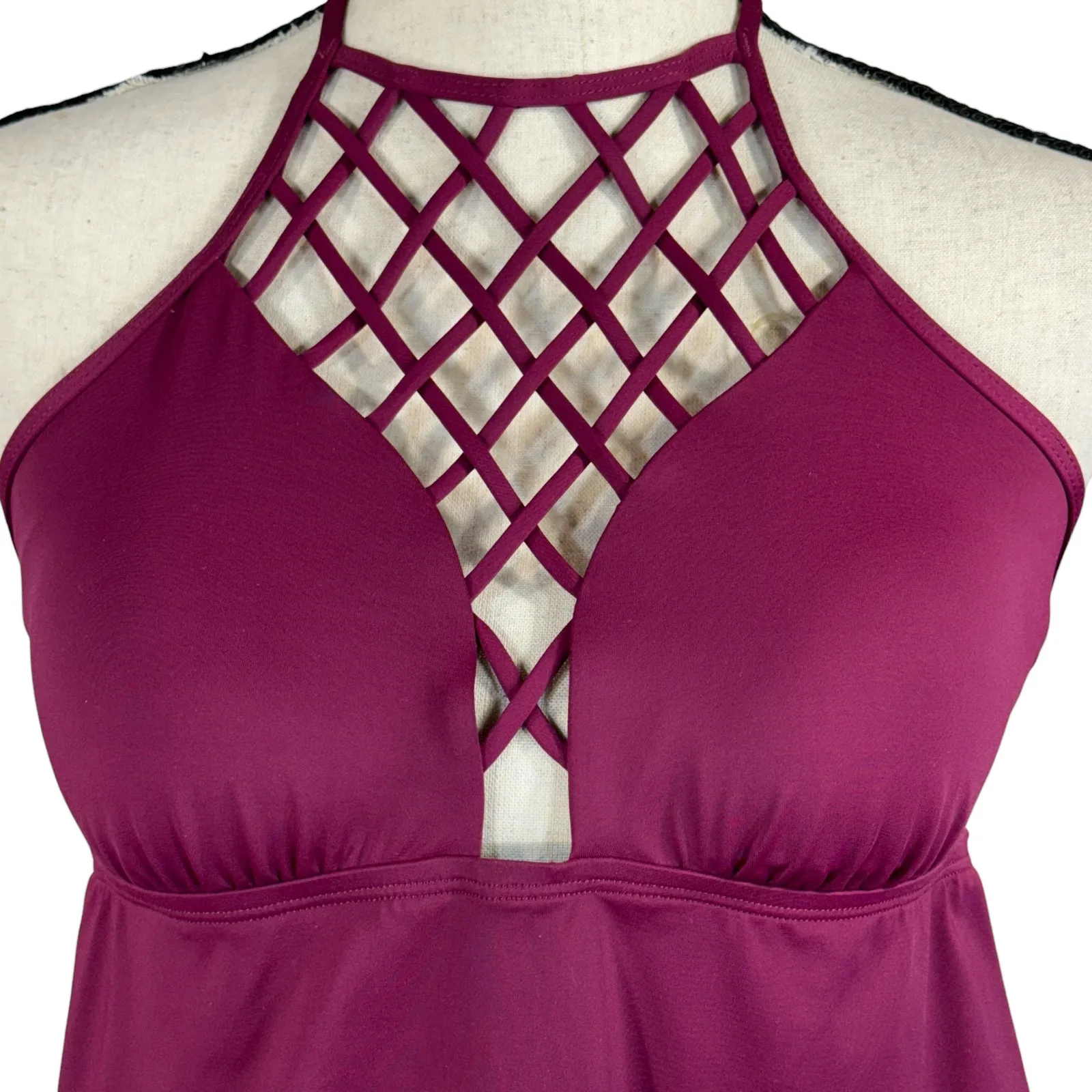 APT 9 Medium Lattice Tie Halter Tankini Swim Top Padded Cups V-Neck Stretch Plum - Image 2