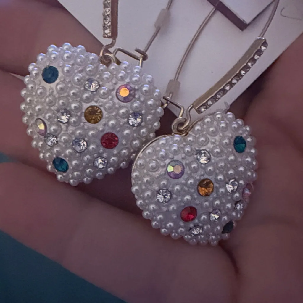 Betsey Johnson Pop Heart Faux Pearls & Crystals Drop Earrings - Image 2