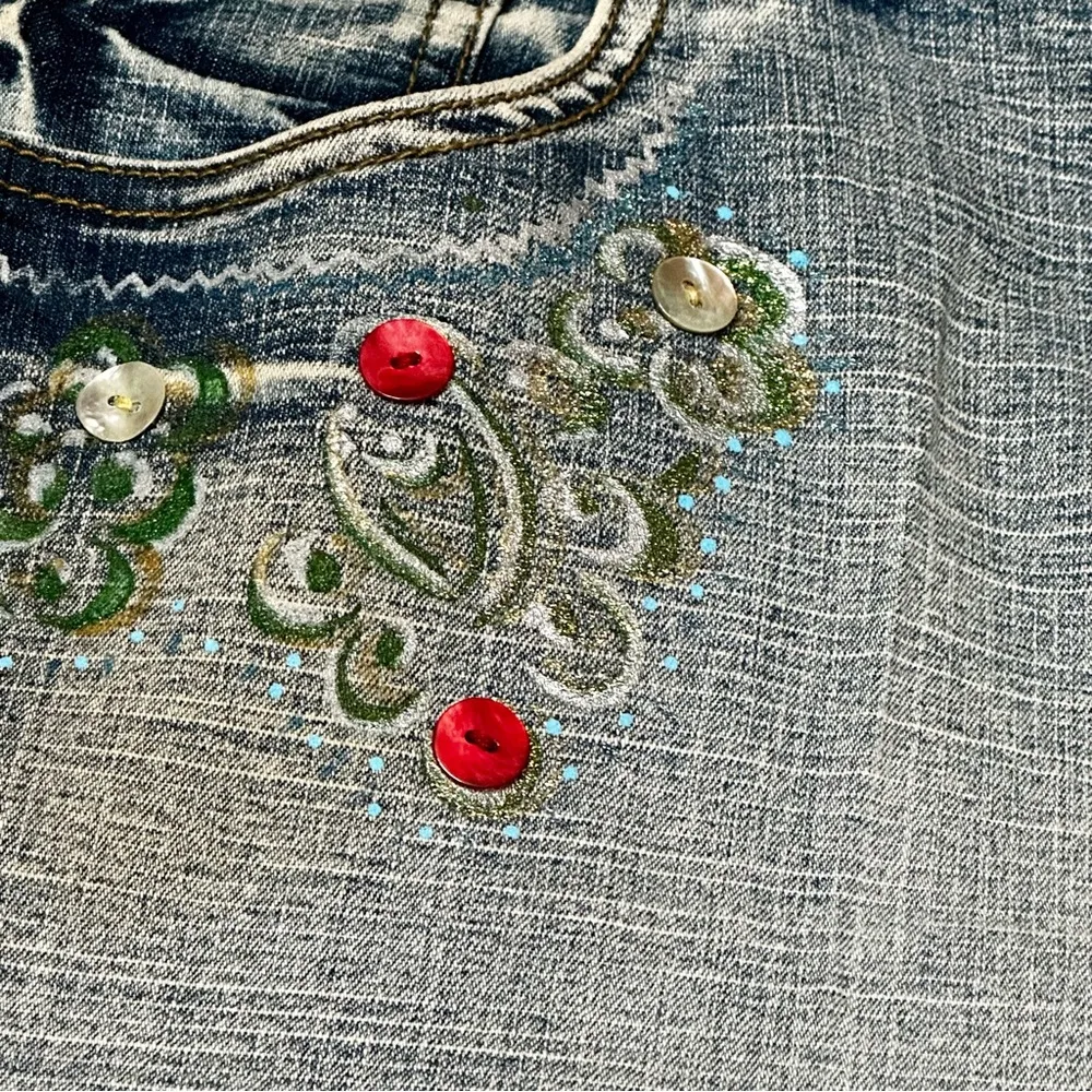 Crest Wide Leg Embellished Cropped Women’s Sz 19/20 Boho Artsy Whimsical Denim Blue - Image 3