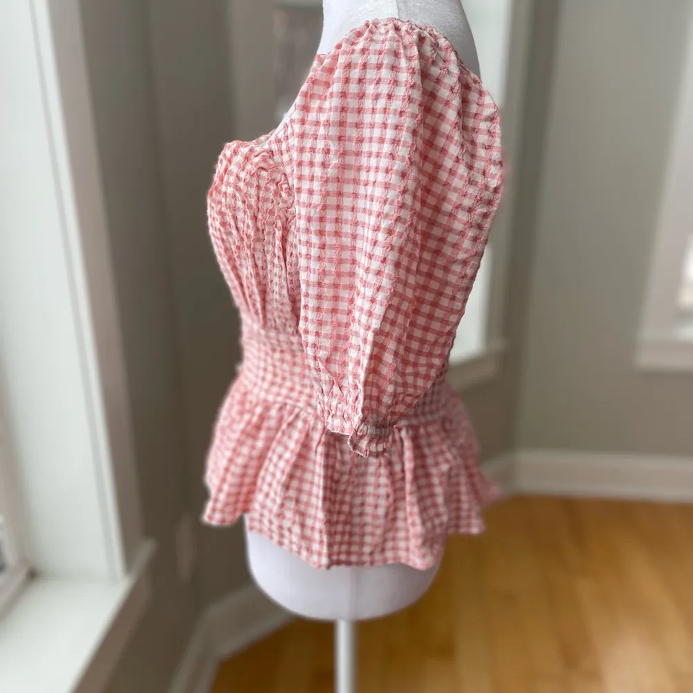 Guess Rose Meri Pink White Gingham Checked Square Neck Puff Sleeve Peplum Top M - Image 6