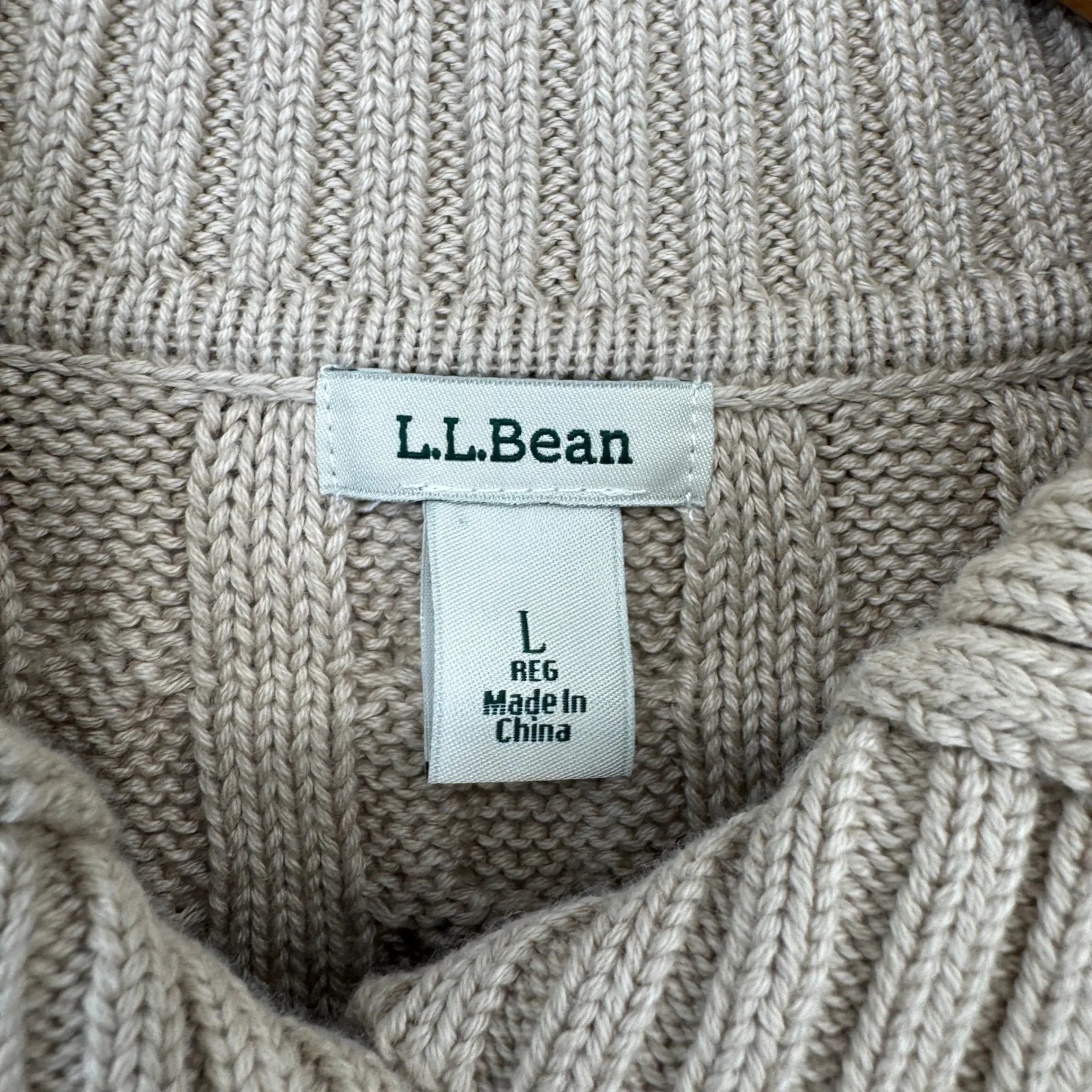 LL Bean Button Front Cable Knit Cardigan Sweater Women L Tan Cotton Shawl Collar Size L - Image 7