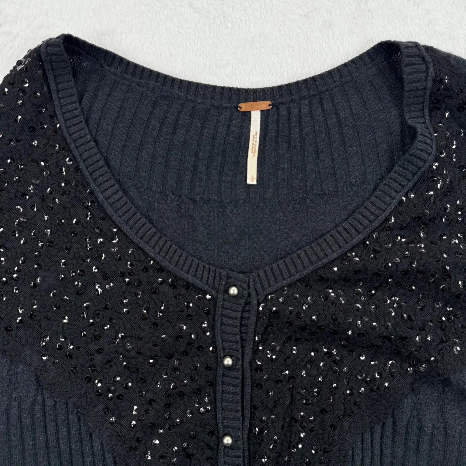 NWOT Free People Womens‎ L Sequined Cardigan Sweater Black Button Front Knit Top - Image 4