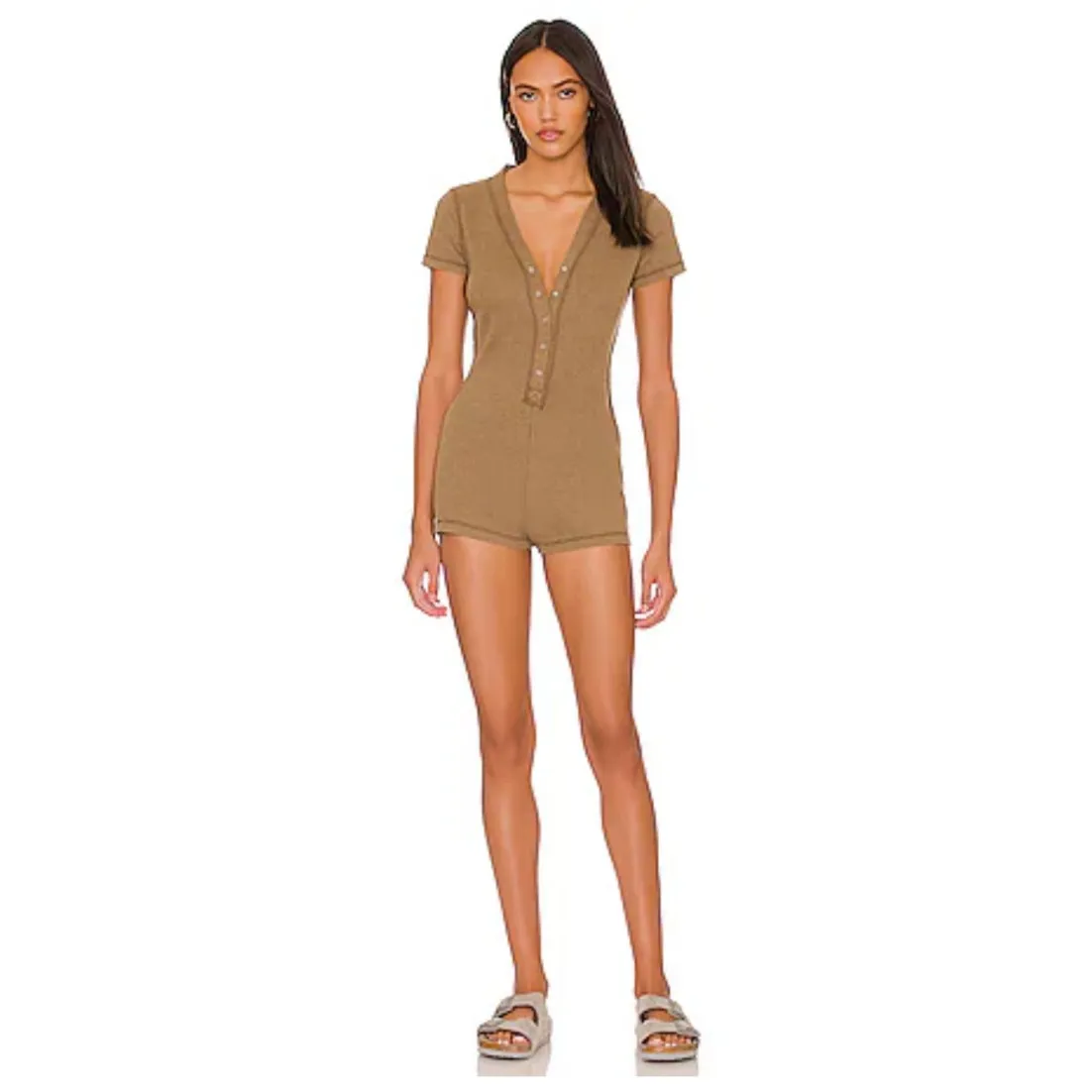 Free People Early Night Waffle Knit Romper Army Green XS Coastal Beach Boho‎ - Image 2