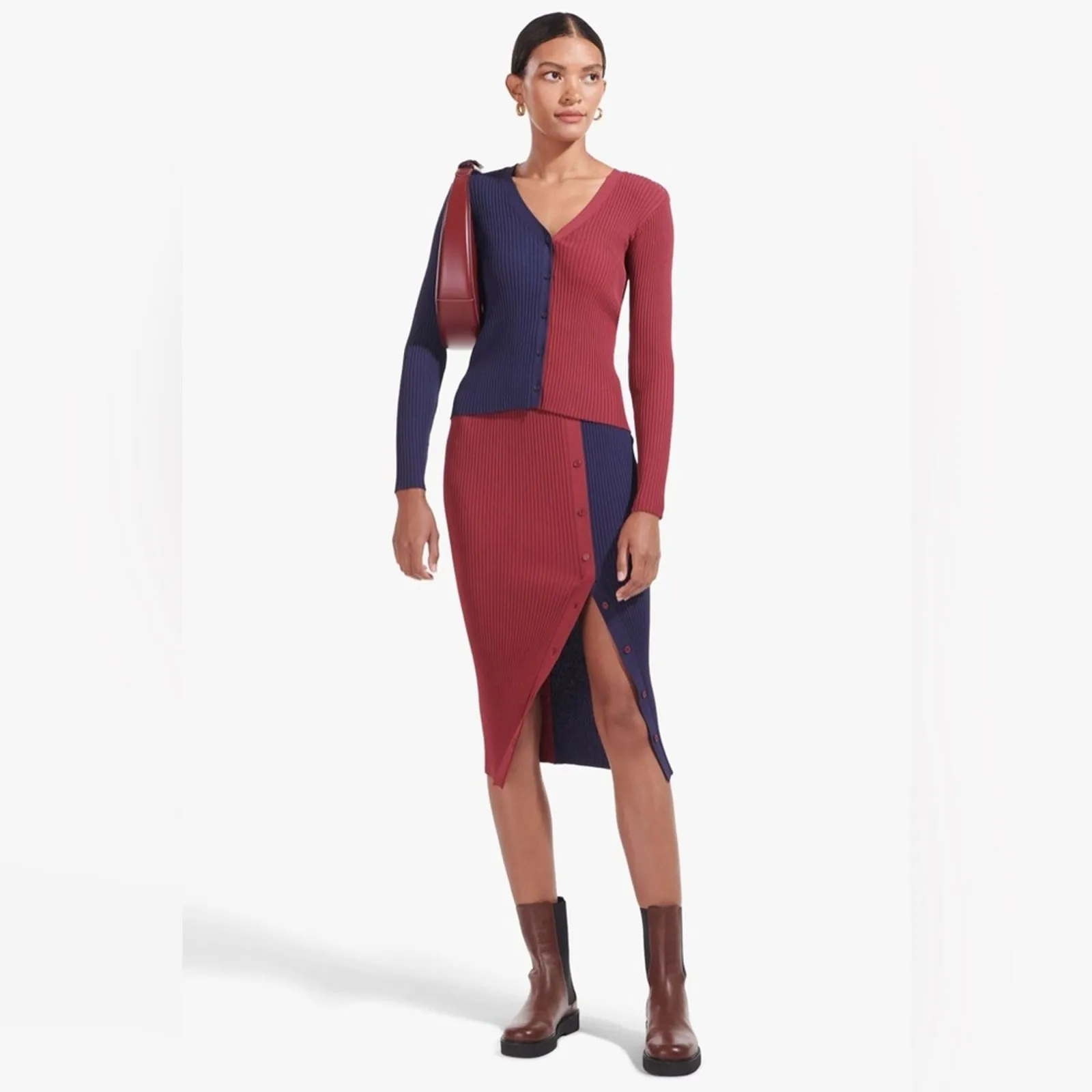 Staud Women’s Elms Color Block Two Tone Navy Bordeaux Knit Button Midi Skirt S - Image 11