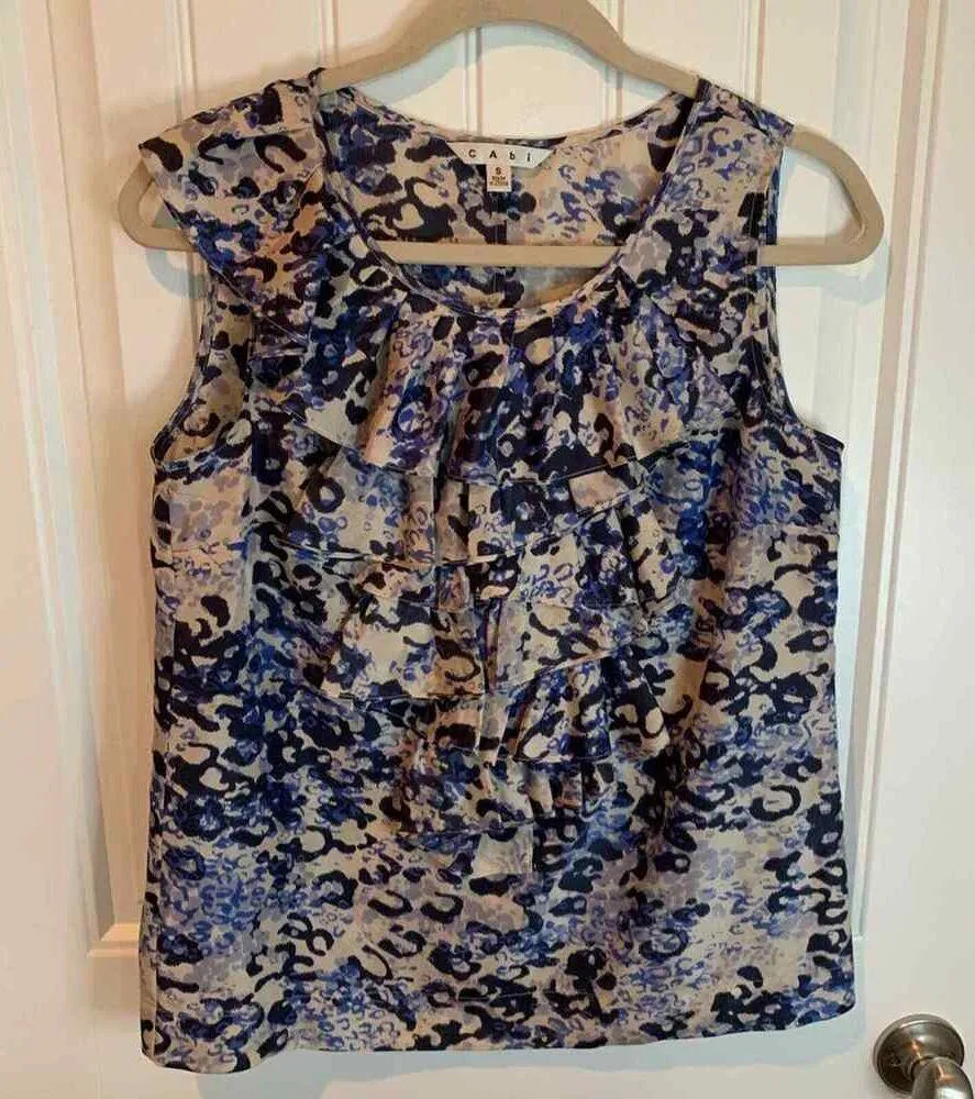 CAbi Sz S Top Blouse Silk Cascading Ruffle Blue Leopard Animal Print Sleeveless - Image 3