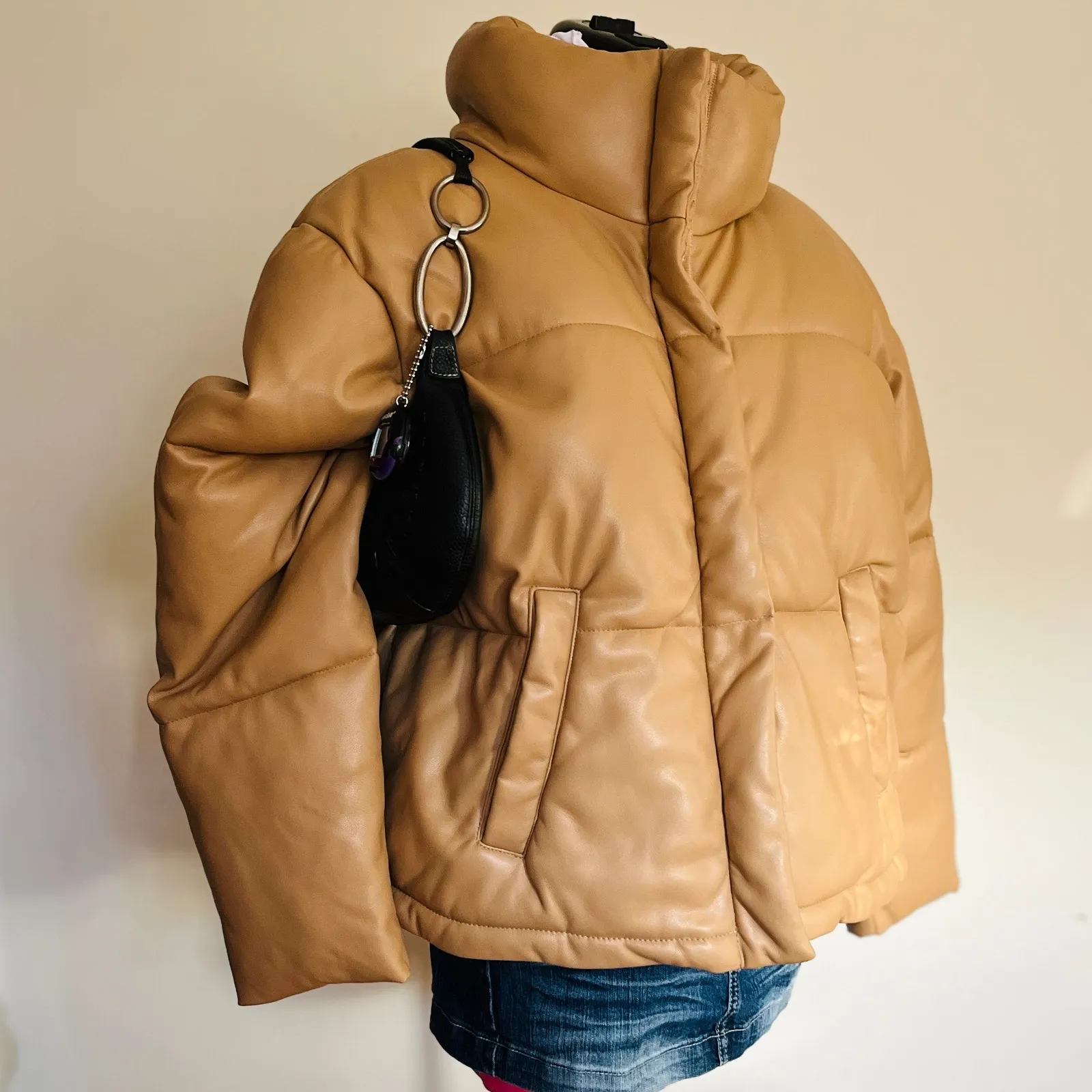 Abercrombie | The A&F Mini Puffer Jacket Tan Faux Leather Winter Coat | Size XL - Image 2