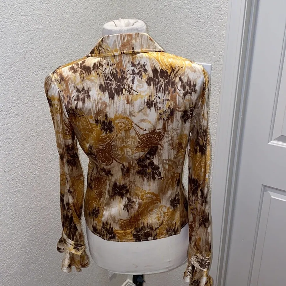 St. John Couture Button Down Silk Vintage Blouse Sz 8 Abstract Brown Gold - Image 7