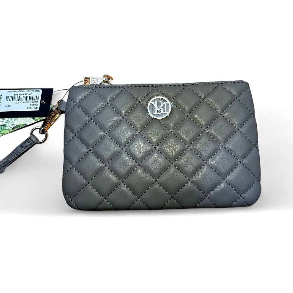 NWT Badgley Mischka Vegan Leather Quilted Wristlet Clutch Grey Gold-Tone Logo - Image 2