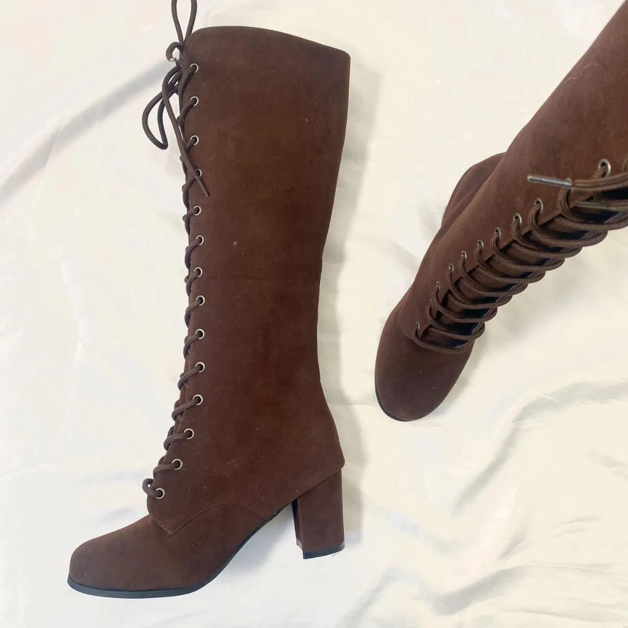 NEW Dark Brown Faux Suede Renaissance Fair Witchy Wench Lace Up Boots US 5 - Image 4