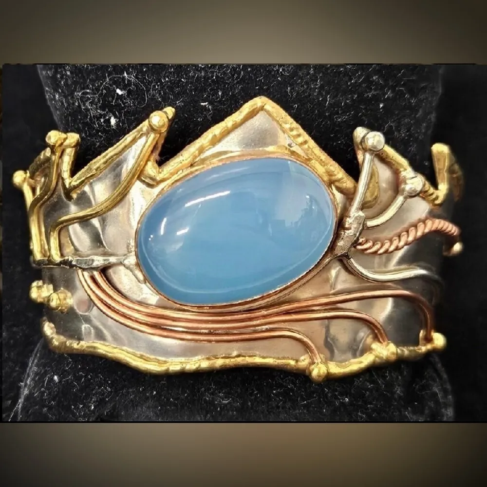 Vintage Brutalist Metalwork Cuff Bracelet Abstract Chalcedony Stone Mixed Media Multiple - Image 2