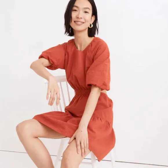 Madewell Seersucker Puff-Sleeve Cutout Mini Dress Size XXL - Image 2