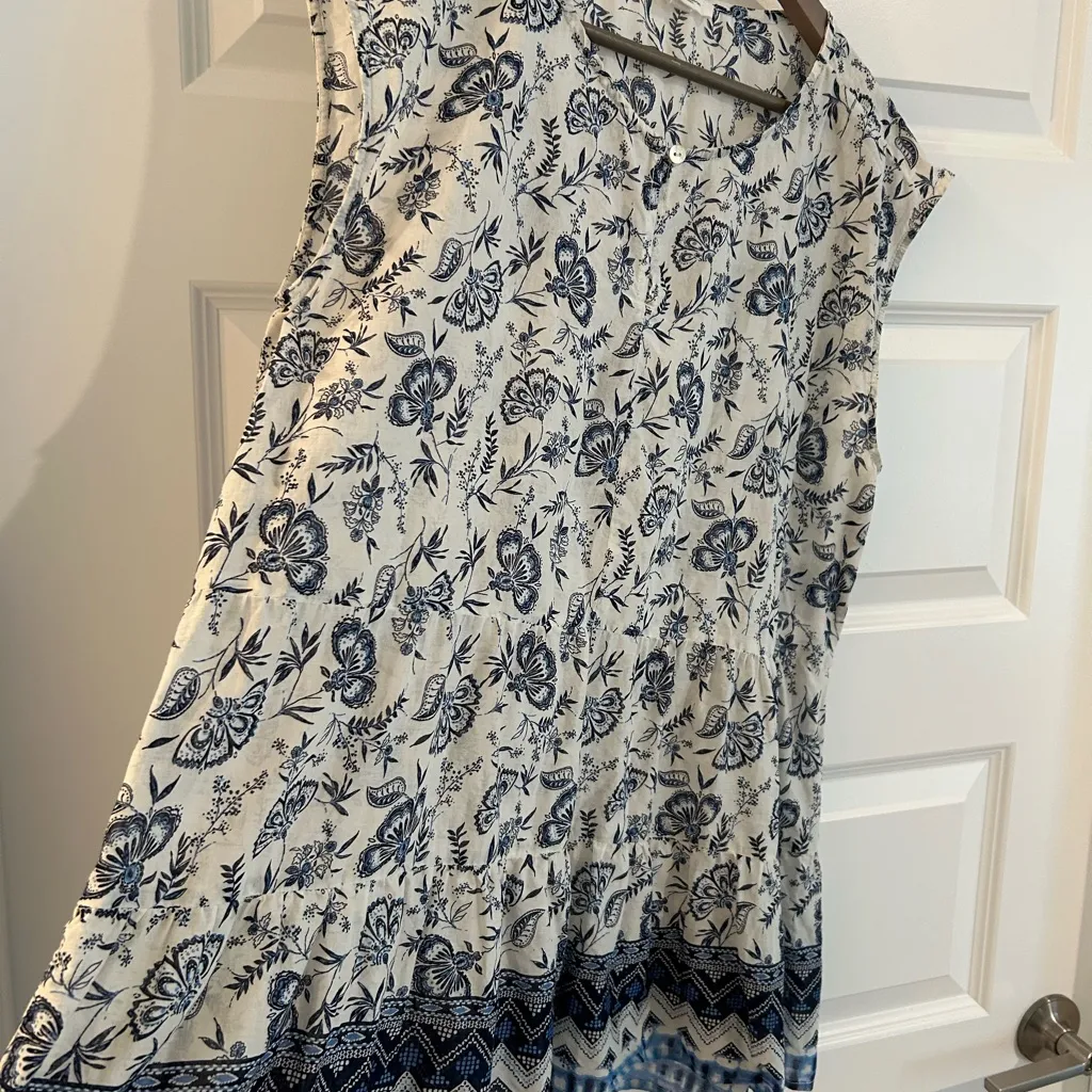 Beach Lunch Lounge Sleeveless Floral Blouse White Blue Size L - Image 5