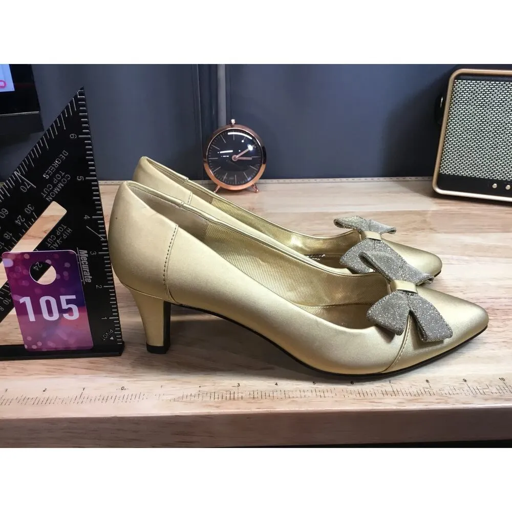 Easy Street Alive 5 Women's 9 Golden Leather Bow Slip-On Pointed Toe Pump Heels - Image 2