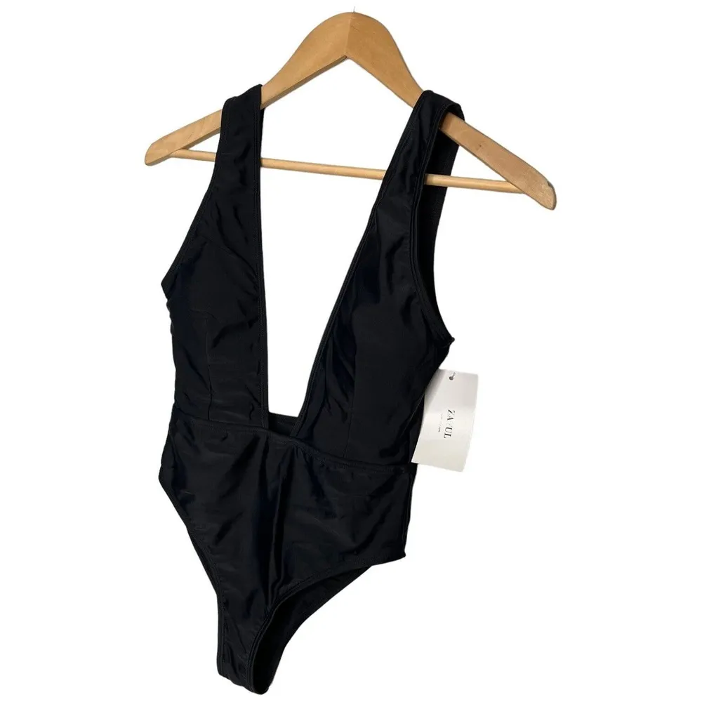 New Zaful Swimsuit Womens S High Cut Plunge Neck One Piece Sexy Black S - Image 4