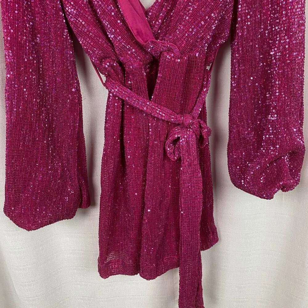 Hello Molly Pink Sequin Static Memory Faux Wrap Mini Dress Sz.M/US 6 - Image 7