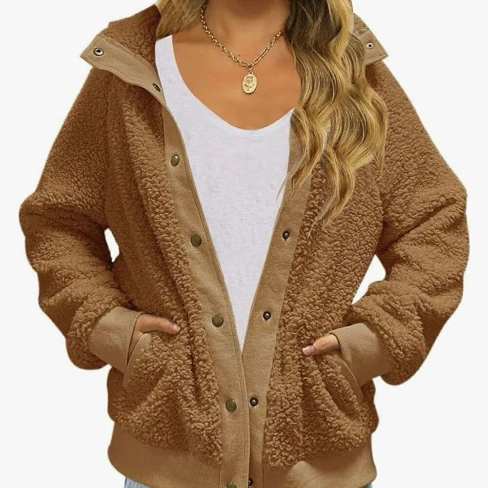 Merokeety  tan Sherpa snap front shacket size M - Image 2