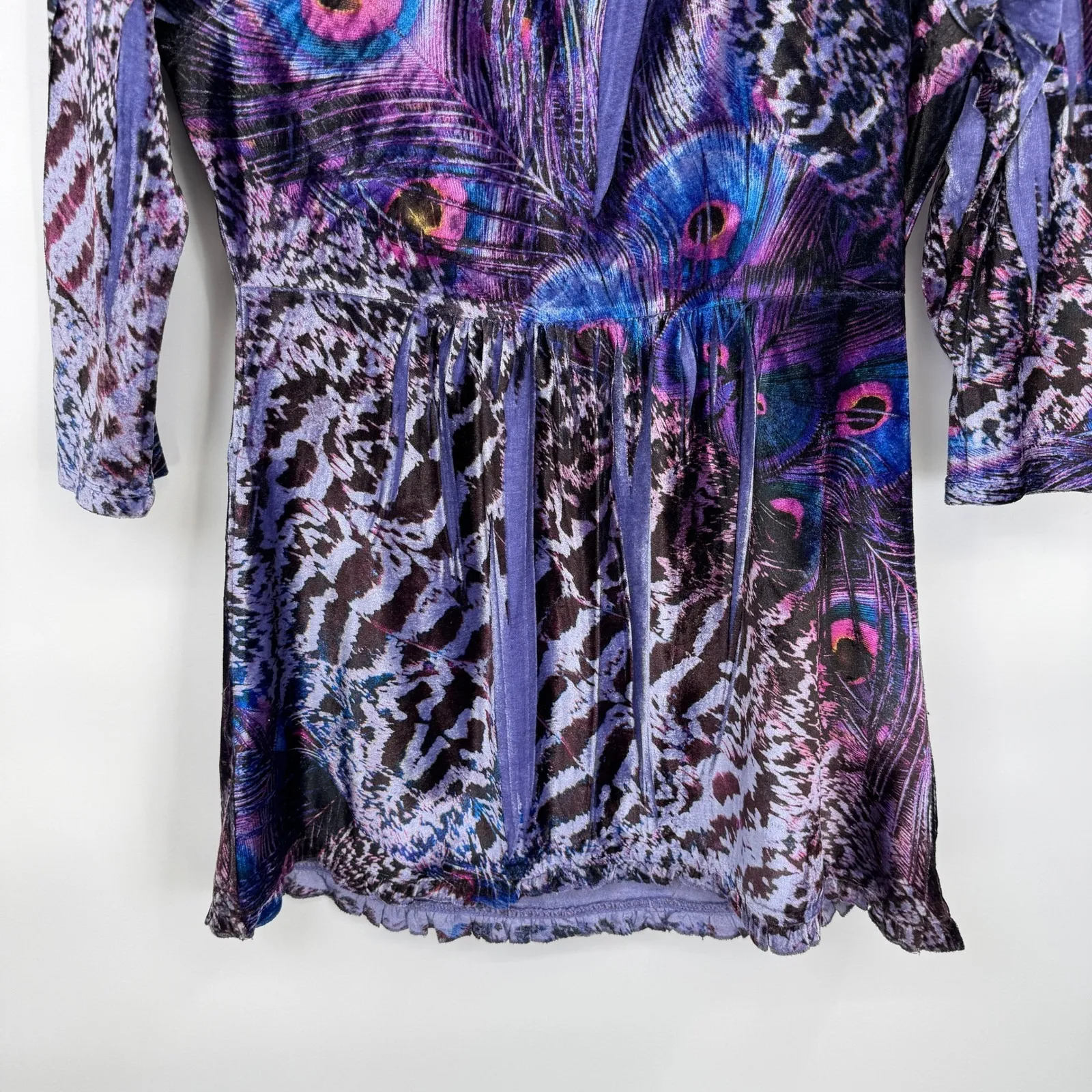Boston Proper Fairy Velour Top Womens S Purple Peacock Feather Print 3/4 Sleeve - Image 11